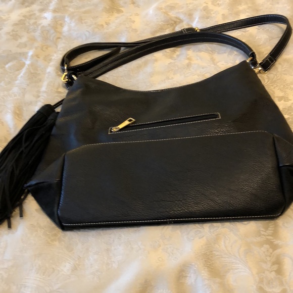W J DESIGN BRASILEIRO LARGE BLACK LEATHER HANDBAG TASSELS METAL ZIPPER - #172 - Picture 3 of 16